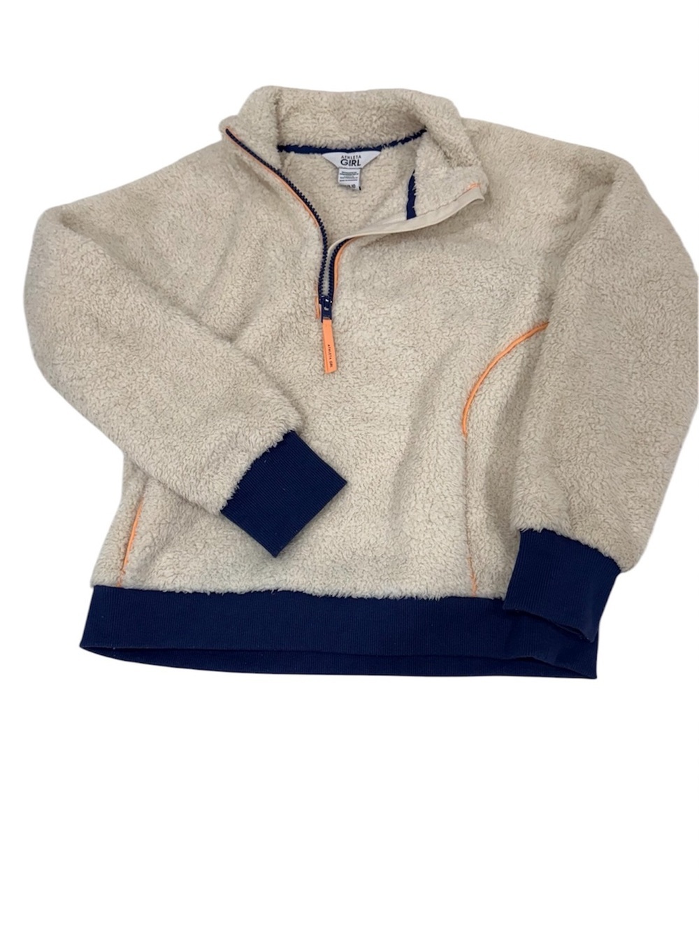 Athleta Girl Cream Sherpa Half-Zip with Navy and coral Trim size 8-10